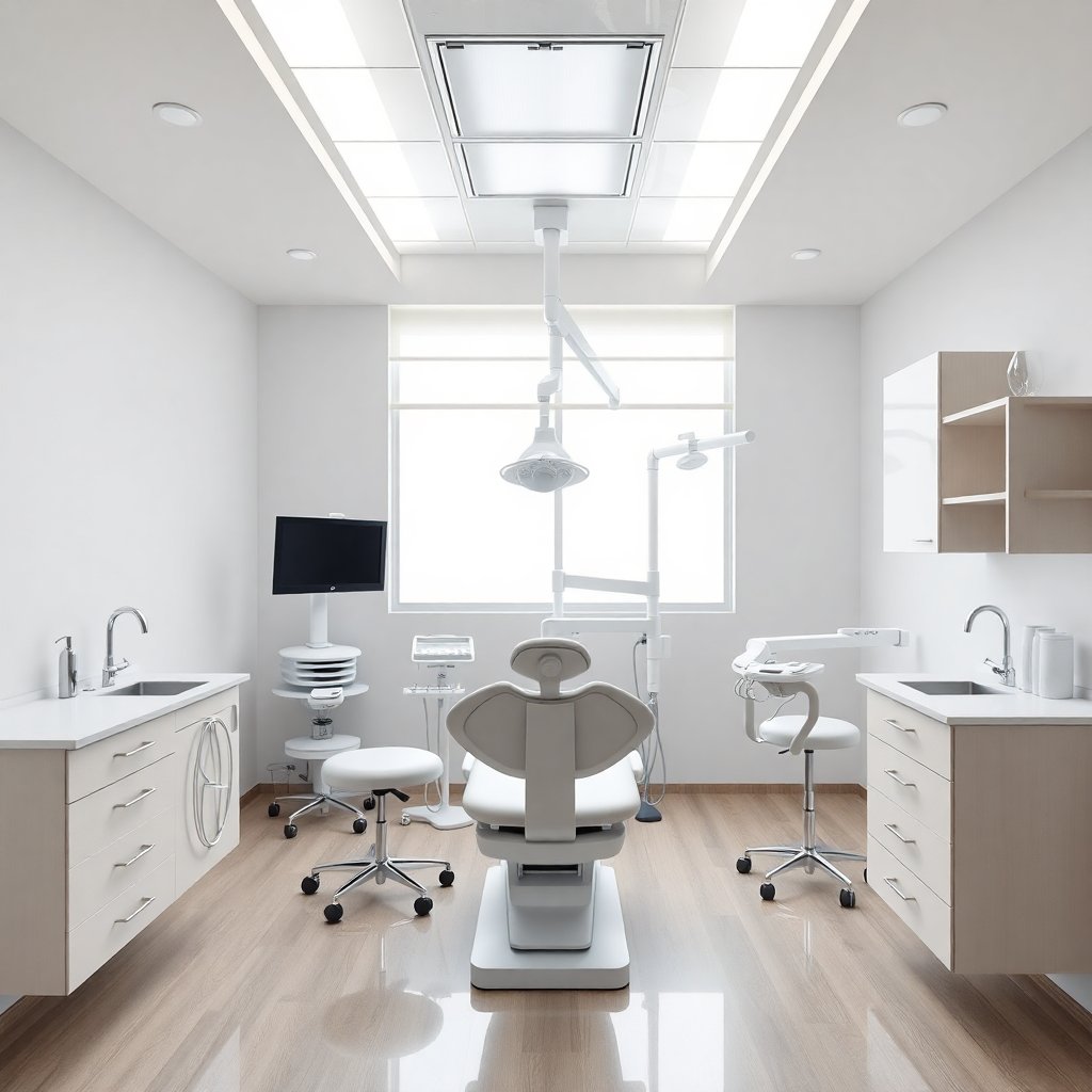High-end modern dental clinic interior, bright and clean, professional medical equipment, soft natural lighting, minimalist design, premium feel, 16:9 aspect ratio.